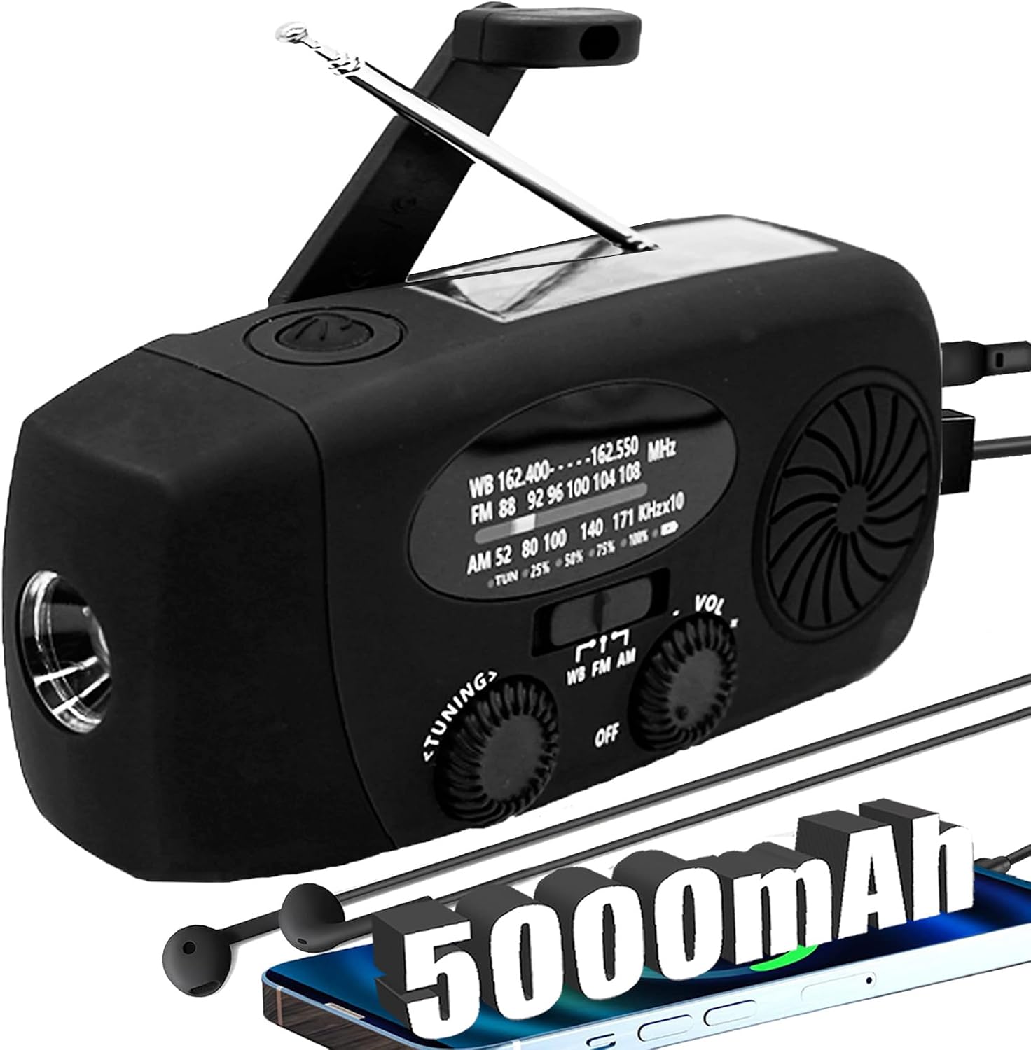 5000 Mah Notfall-wettersender (schwarz) – Solarladung + Handkurbel + Am/fm-radio – Notradio / Tragbares Ladegerät / Sos-alarm – 5000 M Reichweite