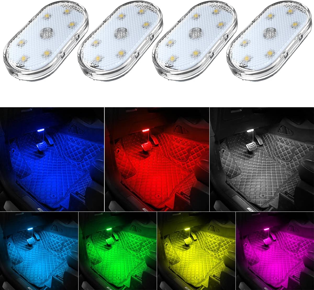 4 Kabellose Led-autolichter – 7 Farben, 6 Helle Leds, Usb-aufladbar – Tragbare Auto-nachtlichter – Led-auto-dekorationslampe – 4 Stück
