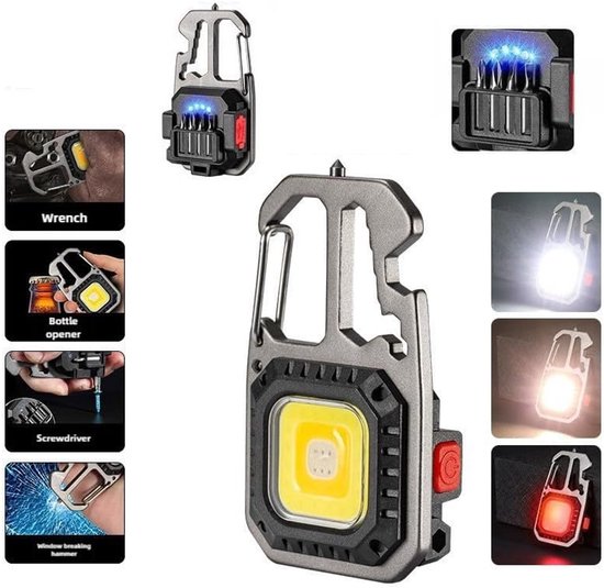 Schlüsselanhänger-taschenlampe – Wiederaufladbare Arbeitsleuchte Mit Schlüsselanhängerfunktion – 7-in-1-multitool – 500 Lumen – Multifunktionswerkzeug Mit Schraubendreher, Schraubenschlüssel Und Flasc
