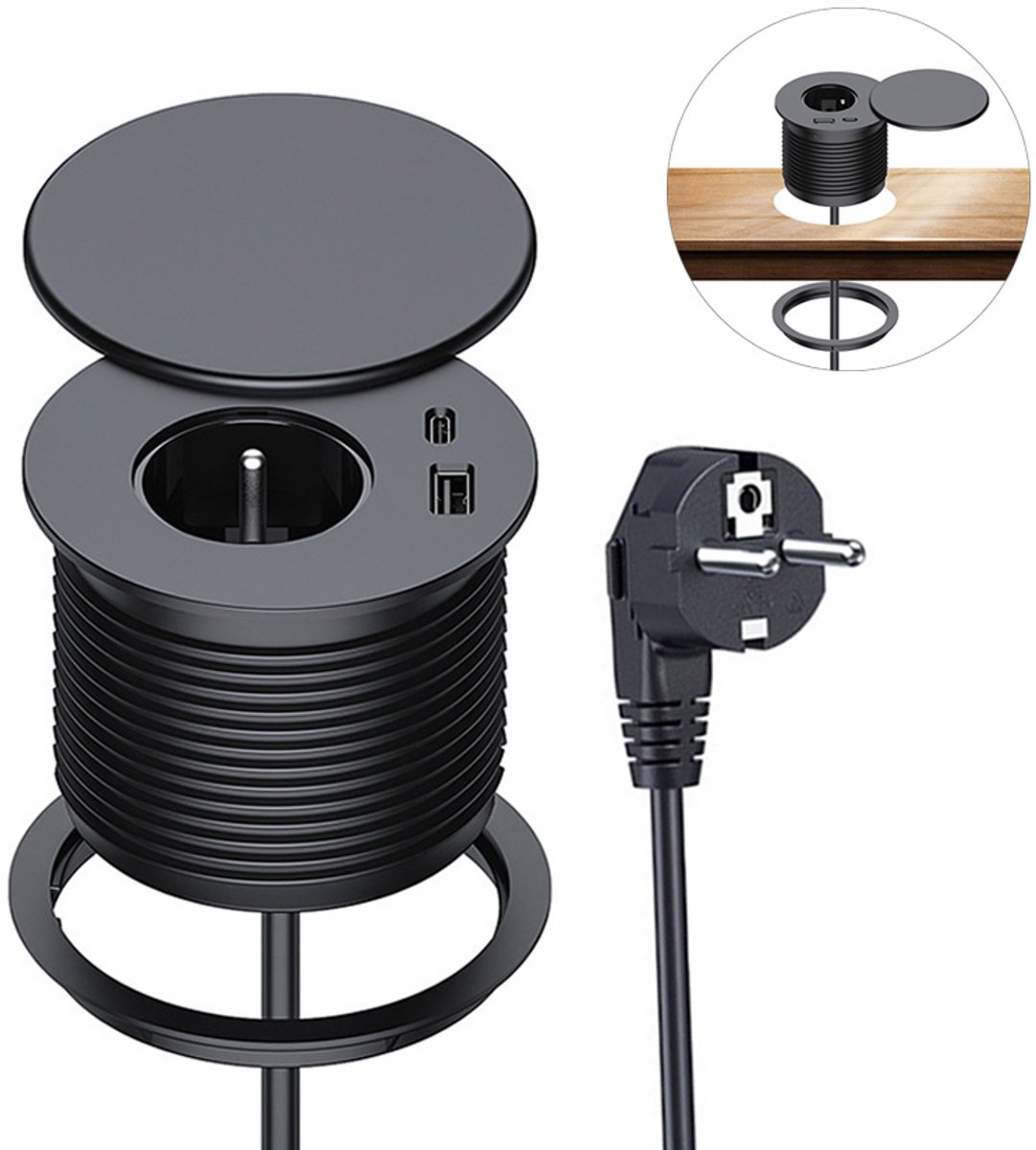 Tischsteckdosenleiste – Usb-ladegerät Für Den Schreibtisch – Versenkte Steckdose – Usb- Und Usb-c-anschlüsse – 18-w-schnellladeanschluss – Schiebeabdeckung – Auslaufschutz