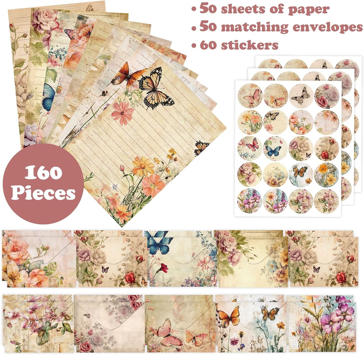 160-teiliges Briefpapier- Und Umschlagset – 10 Verschiedene Designs – 50 Einseitig Bedruckte Blätter – 50 Passende Umschläge – 50 M – 160 Stück