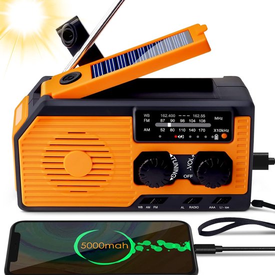 Notfallradio Für Katastrophenfälle, 5000-mah-solar-handkurbelradio Mit Am/fm/wb-empfang, Wetterfunktion, Usb-c-ladegerät, Taschenlampe Und Sos-funktion