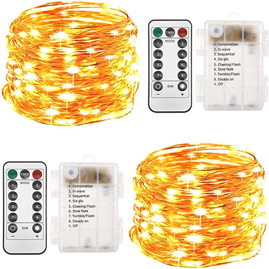 2-teilige Batteriebetriebene Lichterkette, 5 M, 50 Leds Mit Fernbedienung, 8 Modi, Timer, Ip20, Warmweiß