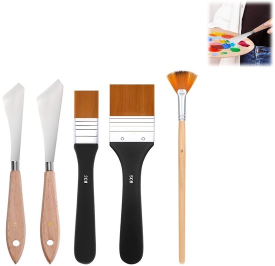 5-teiliges Spachtel-/pinselset, Inklusive Metallklingen/nylonpinseln, Für Acryl-/öl-/gouachemalerei.