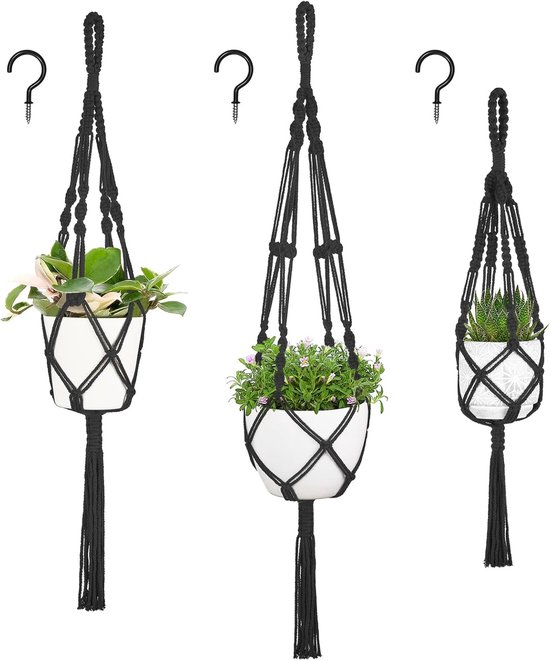 Handgewebter Hängekorb – Blumenständer – Hängepflanze – Handgefertigtes Baumwollseil – 3 Verschiedene Größen – Schwarz
