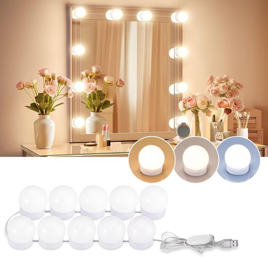 Hollywood-schminktischleuchte, 10 Dimmbare Glühbirnen, 3 Beleuchtungsmodi, Selbstklebend, Einstellbare Lichtfarbe Und Helligkeit, Für Schminktische, Badezimmer Und Schlafzimmer