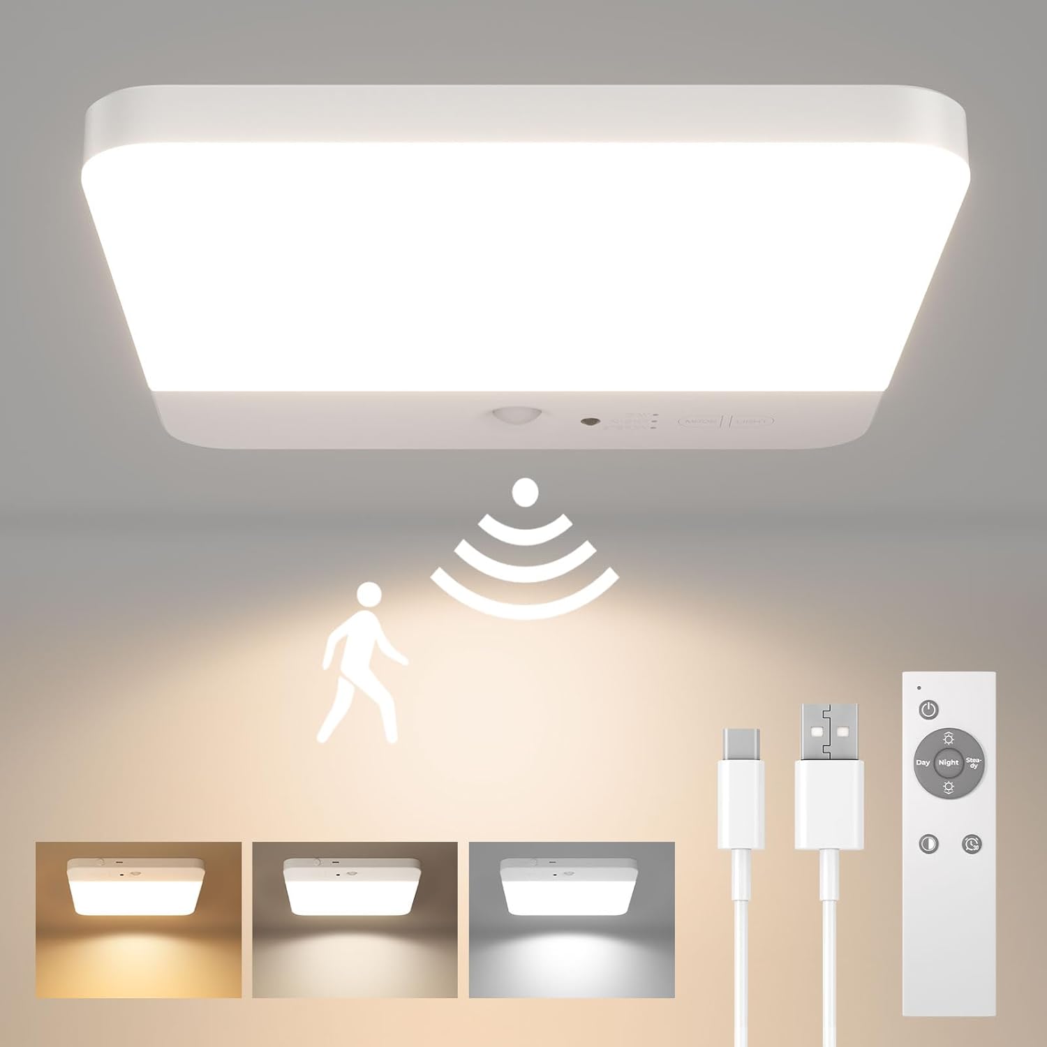 Bewegungsmelder Für Die Deckenbeleuchtung, Kabellose, Wiederaufladbare Led-leuchte Für Duschräume, Badezimmer, Garagen, Treppenhäuser, 3 Farbtemperaturen, Inklusive Fernbedienung