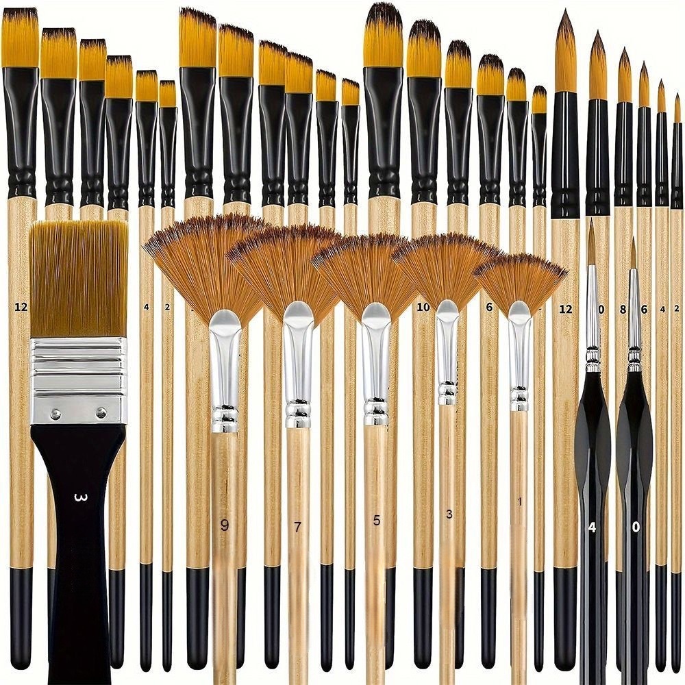 32-teiliges Pinselset – Pinsel Für Acryl-, Öl-, Aquarell- Und Gouachefarben – Flachpinsel, Rundpinsel, Katzenzungenpinsel, Fächerpinsel, Schrägpinsel – 32-teilig