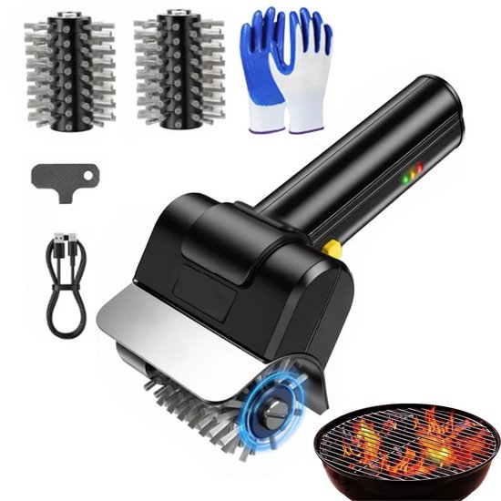 Elektrische Grillbürste, 1100 U/min, Turbo-edelstahlwalzen, 2000-mah-akku, Kabelloser Grillreiniger, 2 Ersatzköpfe, Handschuhe, Geeignet Für Grills