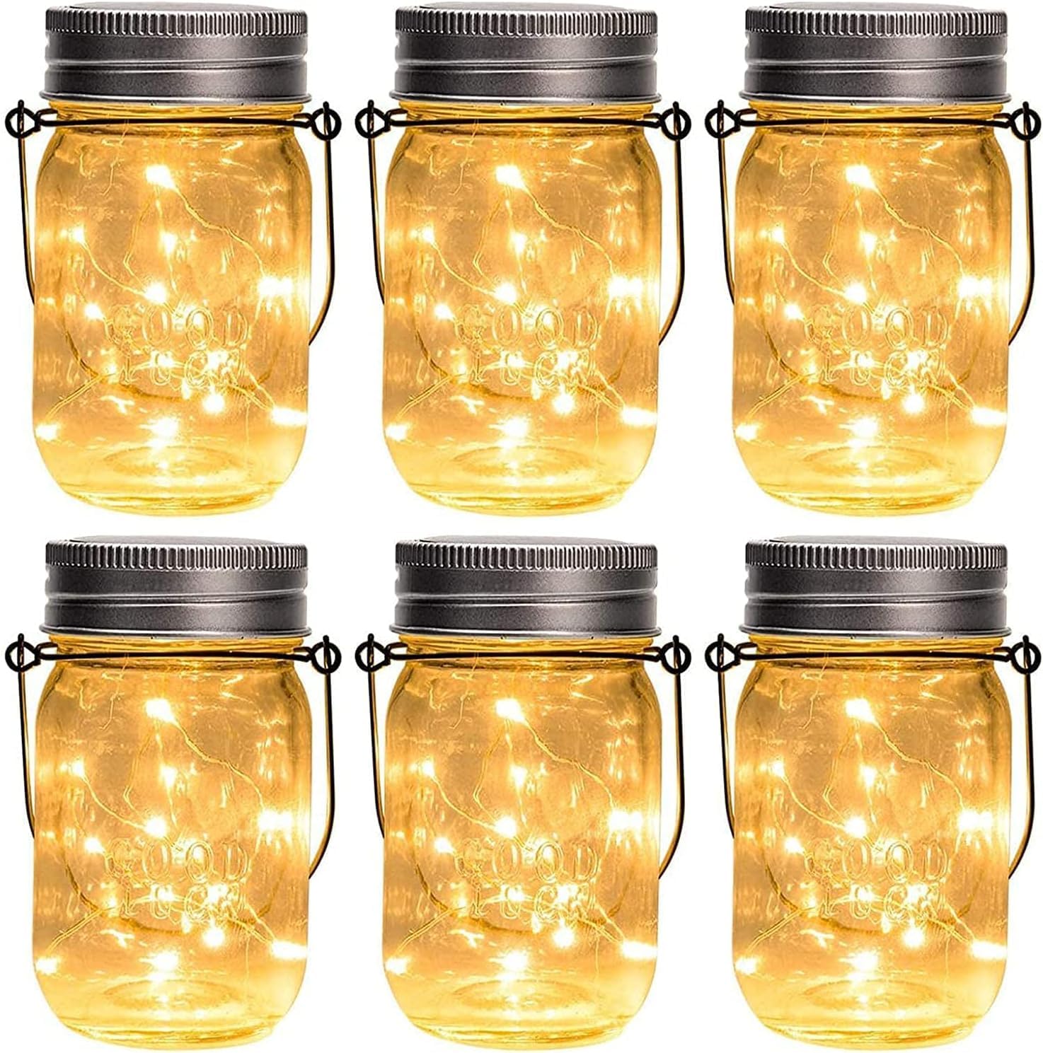 6 Hängende Solarlaternen Mit 20 Leds – Im Einmachglas-design – Wasserdicht – Inklusive Aufhänger Und Übertöpfe – Dekoration Für Garten, Balkon Und Hochzeiten
