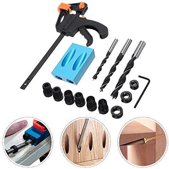 Set Mit 15°-winkelbohrungen – 15er-pack – Adapter Für 6-, 8- Und 10-mm-bohrmaschinen – Zur Positionierung Mit Holzbearbeitungsbohrmaschinen – Blau