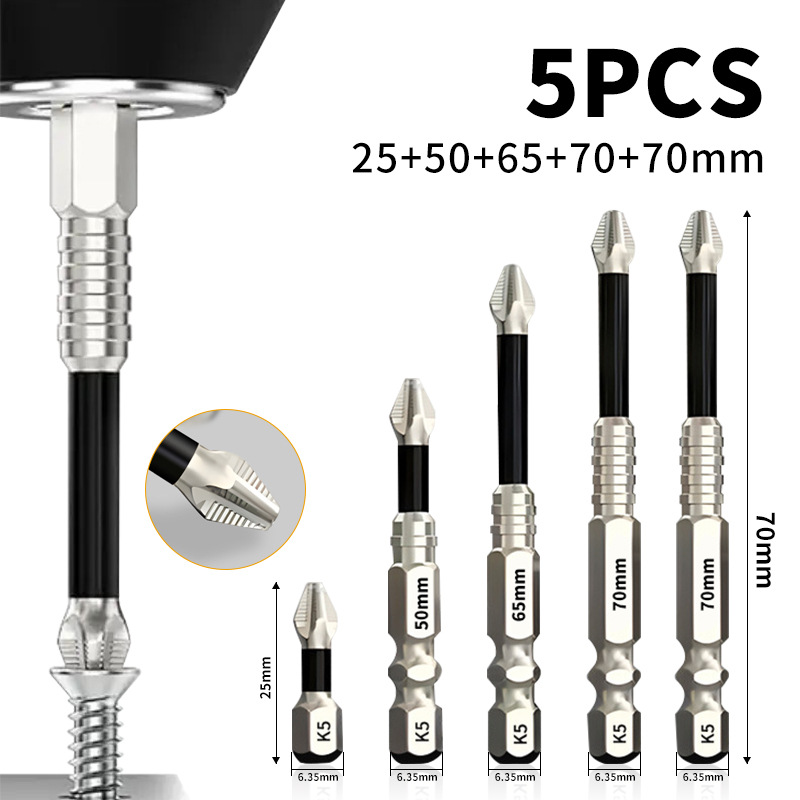 Hochmagnetisches Schraubendreher-bohrer-set - 5-teilig K5 Stoßfester Schleifbohrer - Magnetischer Schraubendreherkopf - 25+50+65+70+70 Mm (5 Stück)