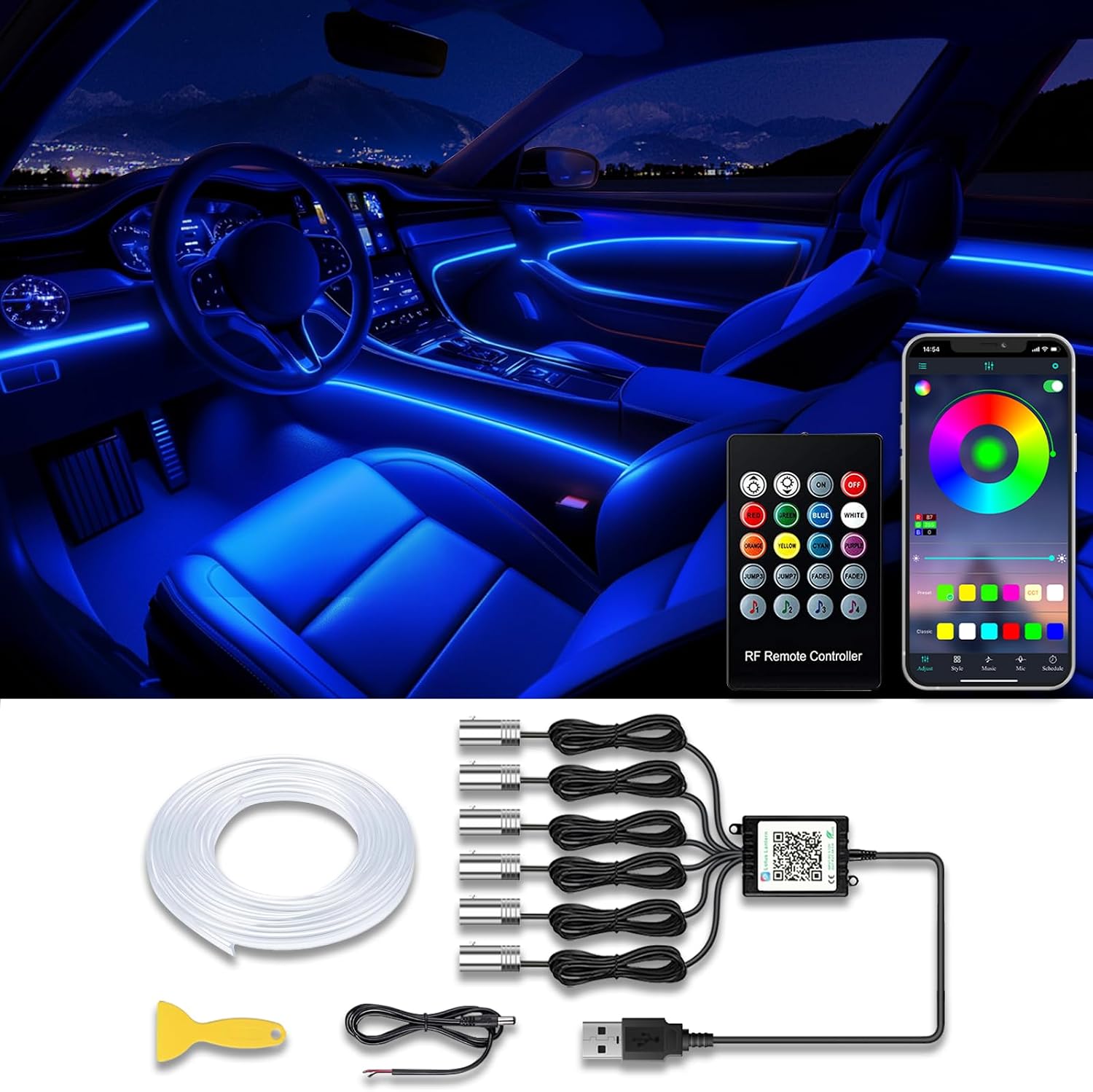 Led-innenraumbeleuchtung Für Autos – Kabellose App- Und Fernbedienungssteuerung – Rgb 8-in-1-ambientebeleuchtung – 600 Cm (236 Zoll) Glasfaser – 16 Millionen Farben