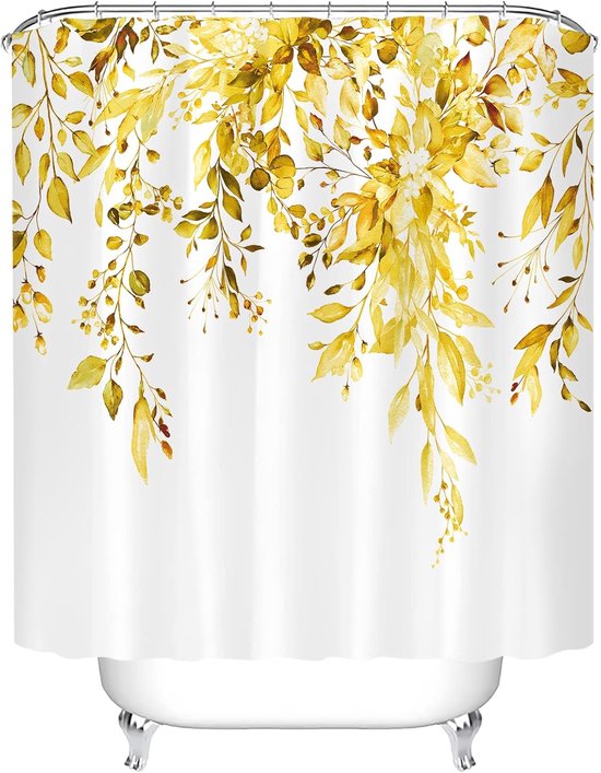 Duschvorhang – Polyester, Gelbes Blattmuster, Metallösen Und Haken – 180 X 180 Cm
