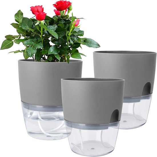 3er-pack Automatische Bewässerungs-blumentöpfe – Transparente Blumentöpfe – Mit Abflusslöchern Und Saugfähigem Seil – Kunststoff – Grau