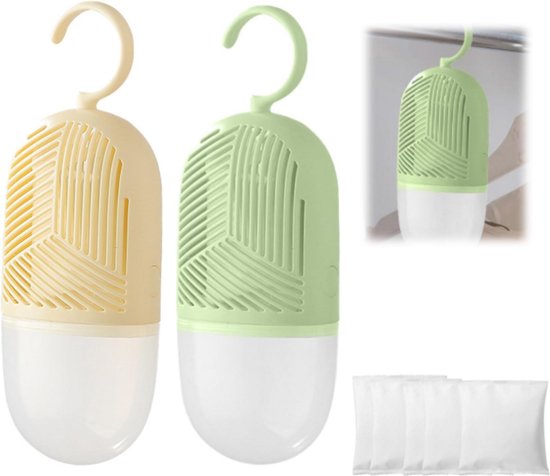 Luftentfeuchter – Kleiderentfeuchtungsbeutel (22 X 8,5 Cm), Feuchtigkeitsabsorbierende Beutel, Grün Und Gelb, Mit Wasserauffangbehälter, Zum Aufhängen