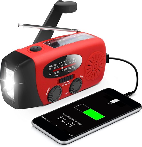 Notfallradio Mit Kurbelantrieb Und Solarfunktion, Wiederaufladbarer 2000-mah-akku Mit Taschenlampe Für Campingausflüge, Rot