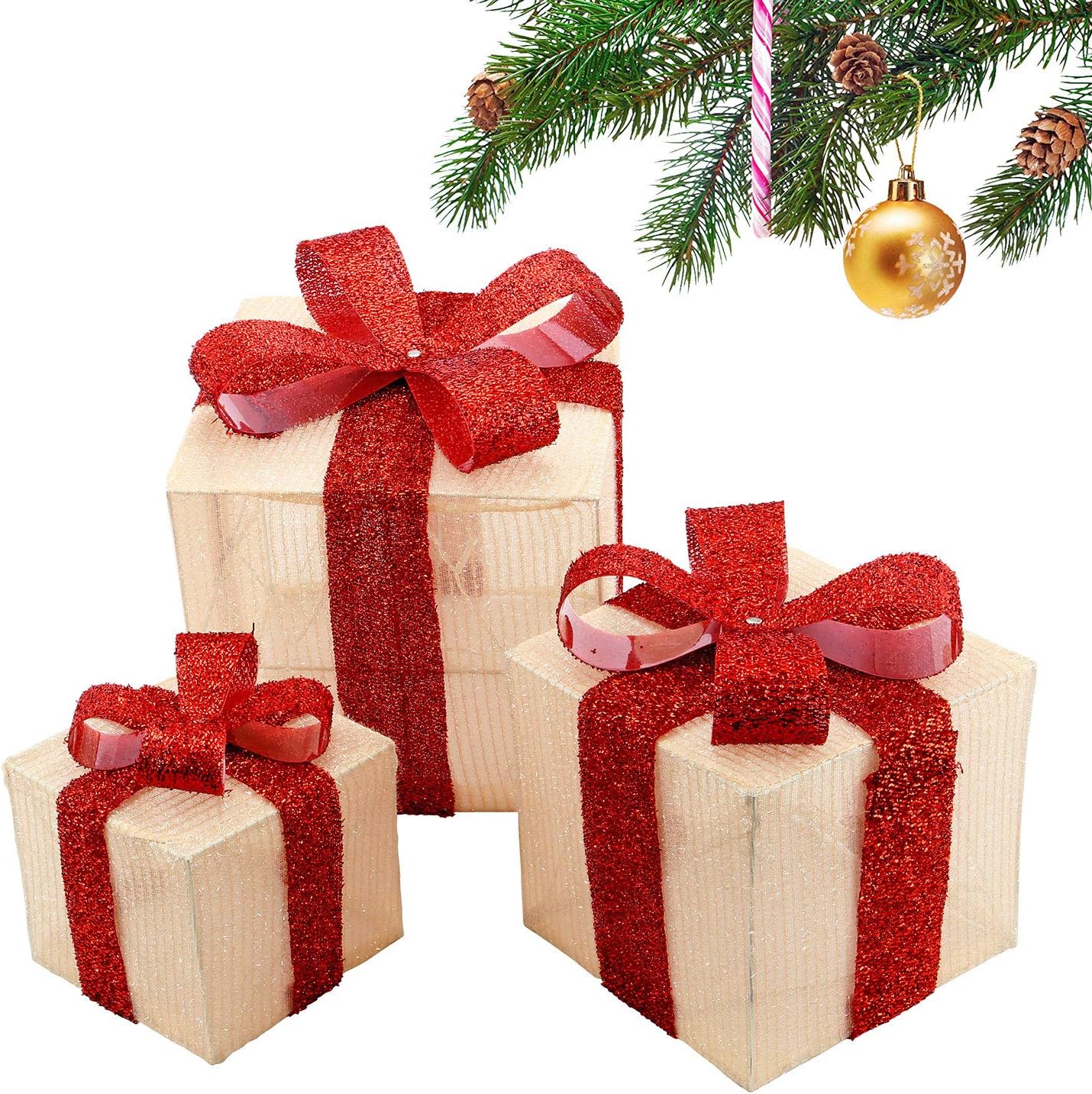 Dreiteiliges, Farbenfrohes Led-beleuchtetes Weihnachtsgeschenkverpackungsset Mit Schleife, Dekorative Weihnachtslichter Für Den Innen- Und Außenbereich (cremefarben Und Rot)