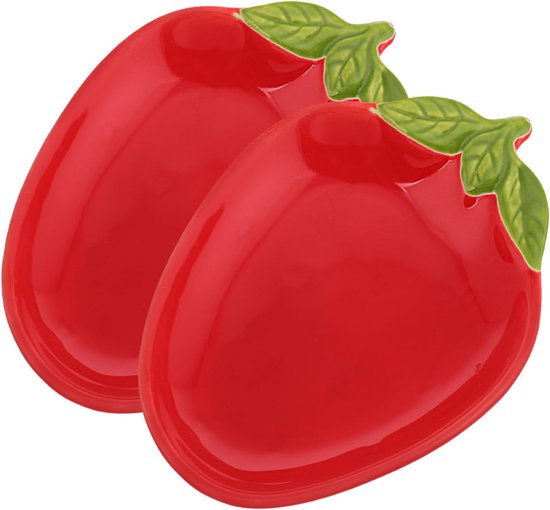 Set Aus 2 Erdbeerförmigen Serviertellern Aus Keramik, Robustes Keramik, Leuchtend Rote Erdbeerfarbe, Vielseitig Einsetzbar Für Desserts/soßen