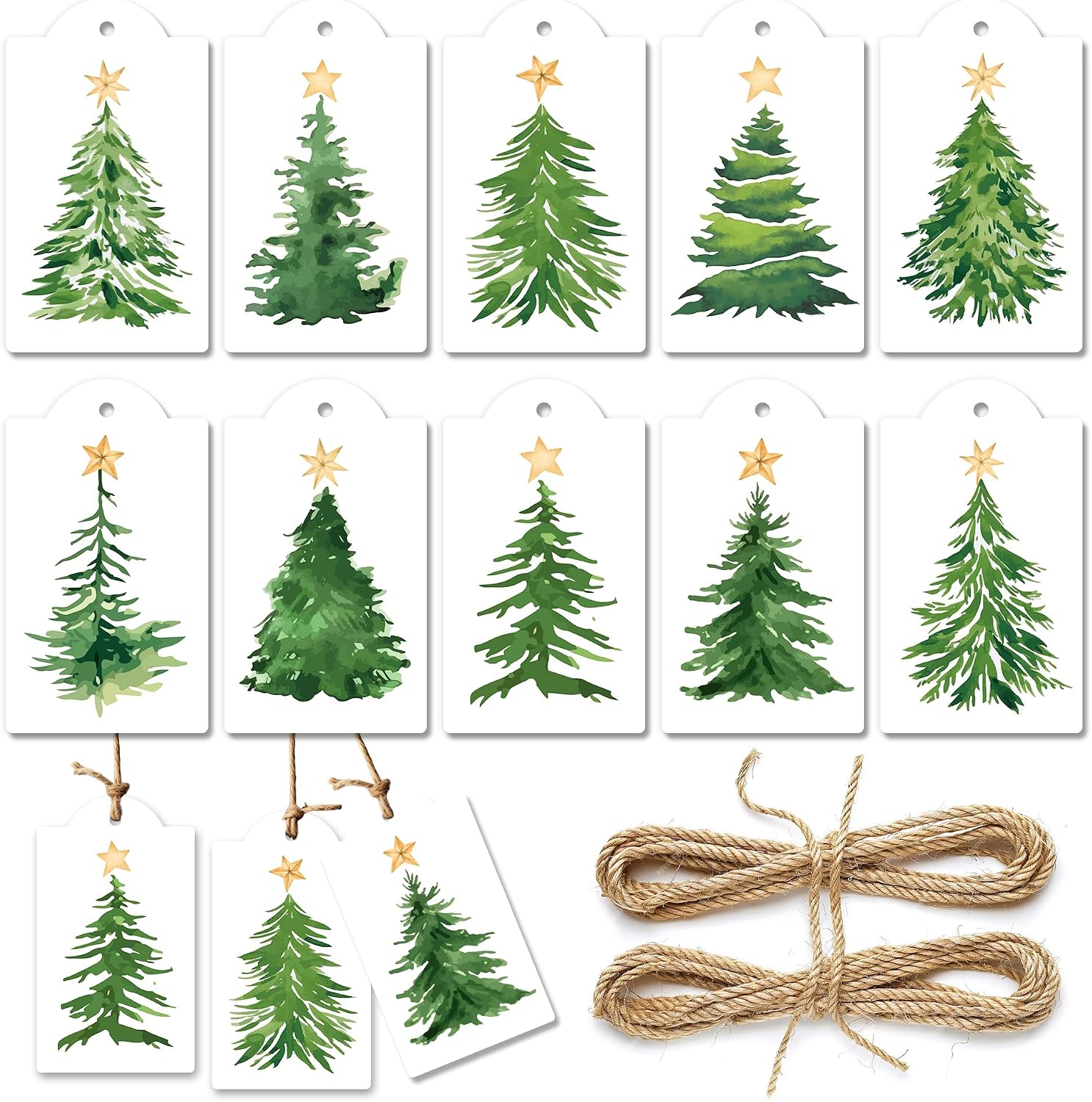 120 Stück Geschenkanhänger In Form Eines Weihnachtsbaums – Leinenkordel, Aquarellgrünes Weihnachtsbaum-papieretikett – Winterliche Namensschilder Zum Aufhängen