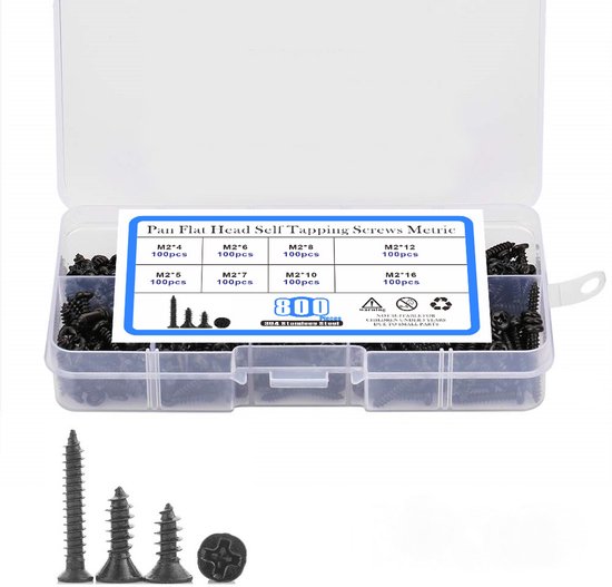 Sortimentsbox - Schrauben - 800-teilige Kombination Aus M2-schrauben Mit Schaberkopf Aus Schwarzem Kohlenstoffstahl Und Flachkreuz-gewindebohrerschrauben