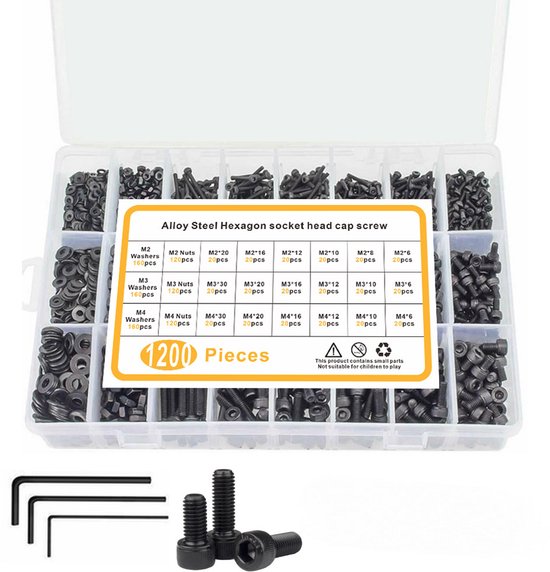 Sortimentsbox - Schrauben - 1200-teiliges Set M2/m3/m4, Mattschwarze Skalenmuttern, Innensechskant-zylinderkopfschrauben