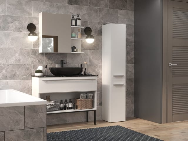 Badezimmerschrank Regal Nel iv weiß mit Korb