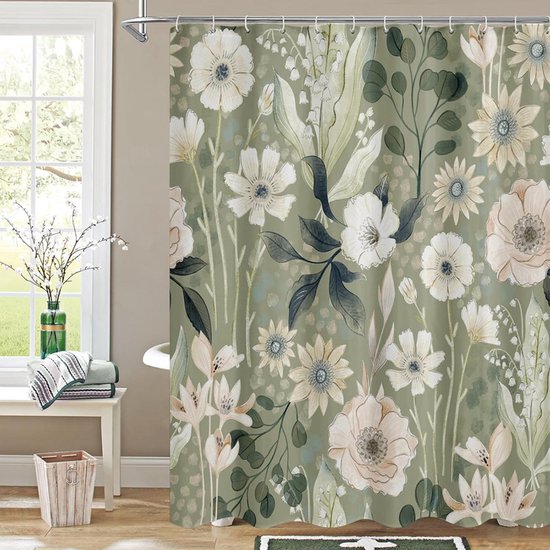 Größe M – Höhe 200 Cm Breite 180 Cm – Duschvorhang Mit Trennwand – Duschvorhang Mit Blumenmuster – Eleganter Duschvorhang – Wasserdichter Badezimmervorhang