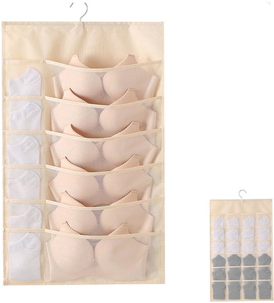 Hängender, Doppelseitiger Aufbewahrungsbeutel Mit 12 Vorder- Und 24 Rückentaschen Für Bhs, Unterwäsche, Slips Und Socken – Weiß