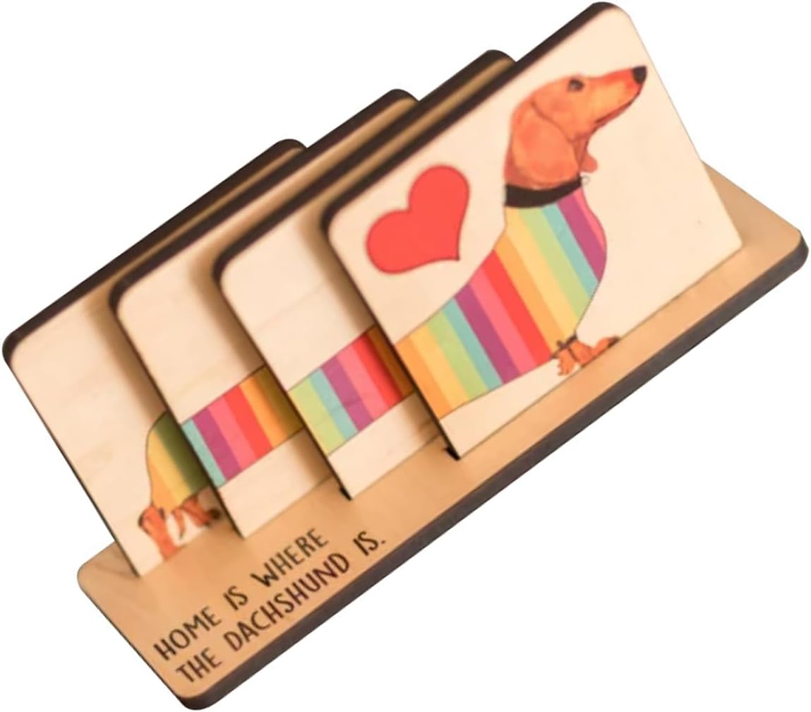 Einzigartige, Handgefertigte Untersetzer Aus Holz Mit Regenbogen-dackelmotiv – Perfekt Für Küchentheken Und Als Dekoration. Kreatives Dackelmuster Aus Holz.