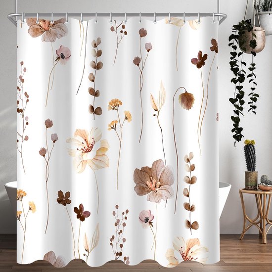 Duschvorhang Mit Braunem Blumenmuster, Schimmelhemmend, Mit 12 Ringen, Antibakteriell, Waschbar, Aus Polyester, 180 X 200 Cm