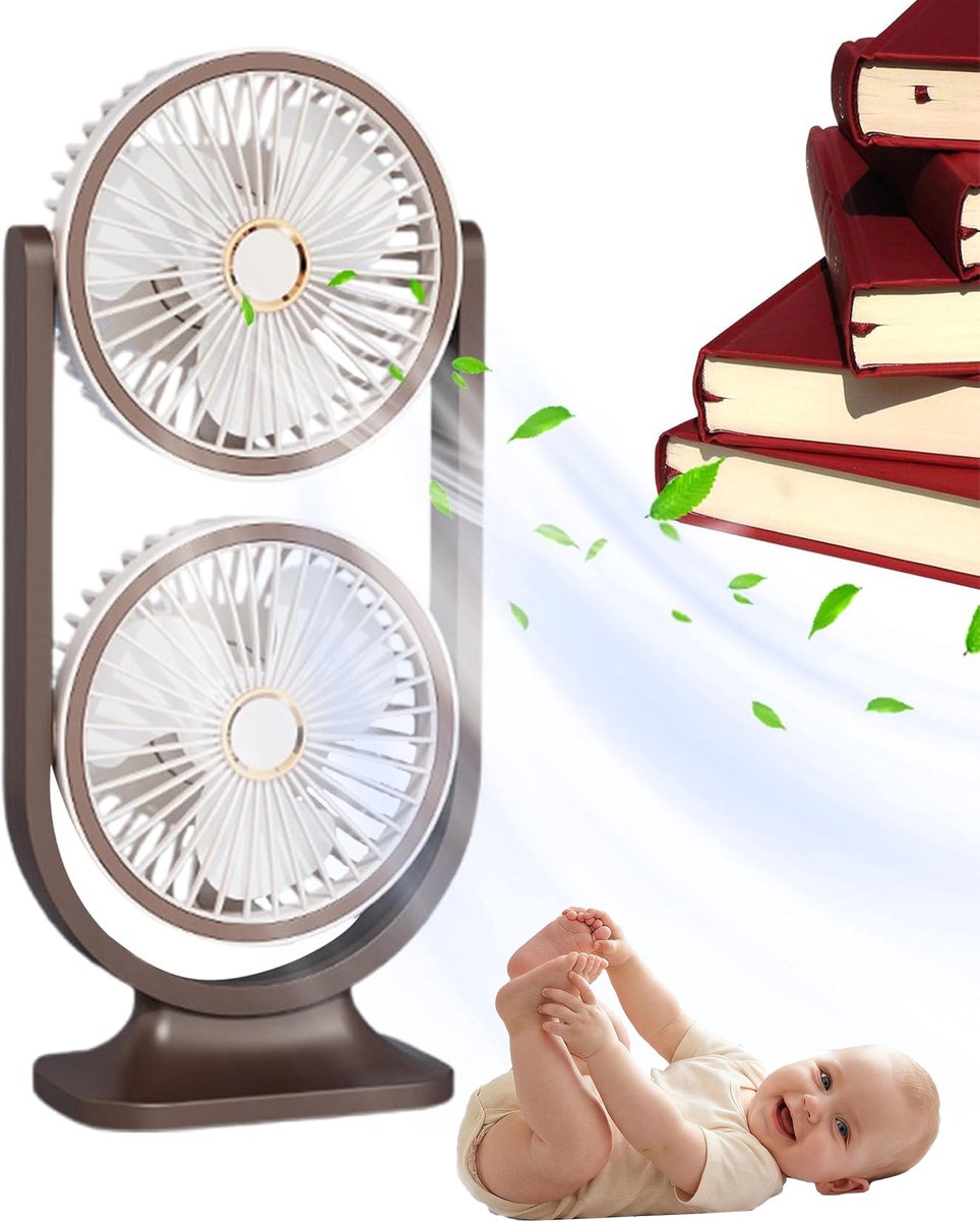 Brauner Doppel-tischventilator – Kabellos, Wiederaufladbar, 5 Geschwindigkeitsstufen, 360° Verstellbar, Mit Nachtlicht, Für Büro Oder Zuhause