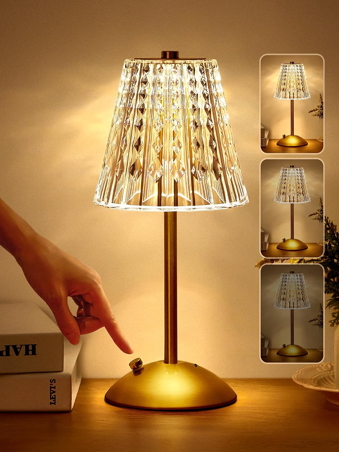 Nachttischlampe, Dreifarbige Kristalllampe, Schlafzimmer-nachttischlampe, Dimmbare Touch-nachttischlampe, Kabellose Tischlampe