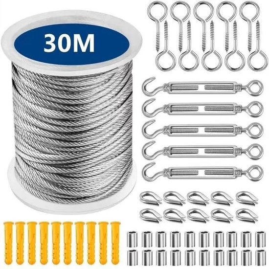 30 Meter Langes 2 Mm Stahlseil-set Mit Edelstahlhaken Und Schraubbefestigungen
