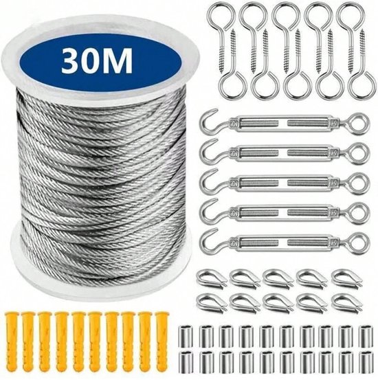 Stahlseil-set, 30 M X 2 Mm Nylonbeschichtetes Stahlseil, Material: Stahldraht, Inklusive Edelstahlhaken, Schraubösen Und Befestigungsmaterial