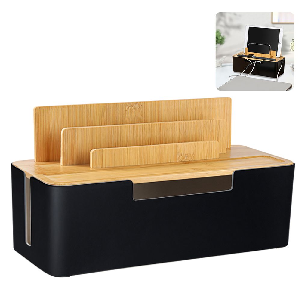 Kabelmanagementbox Mit Bambusbezug, Kabelorganisator, Tischsteckdosenbox, Geeignet Für Mobiltelefone, Tablets Und Andere Geräte, Schwarz.