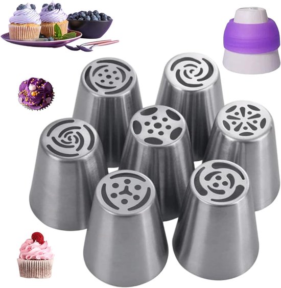7-teiliges Set Spritztüllen, Wiederverwendbar Für Blumendekorationen An Kuchen, Gebäck, Keksen Und Zum Backen – Silber