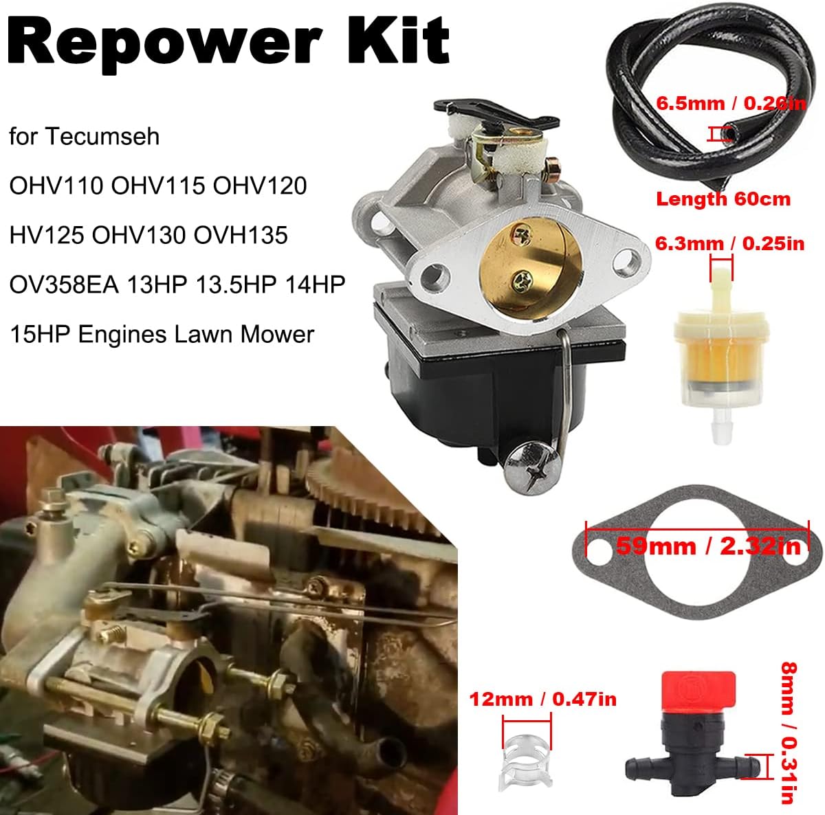 Vergaser-reparatursatz Für Tecumseh 640065a 640065 Ov358ea Ovh135 Ohv110 Ohv115 Ohv120 Ohv125 Ohv130 50-654 13-15 Ps Rasenmäher, Inklusive Kraftstoffleitungsdichtung