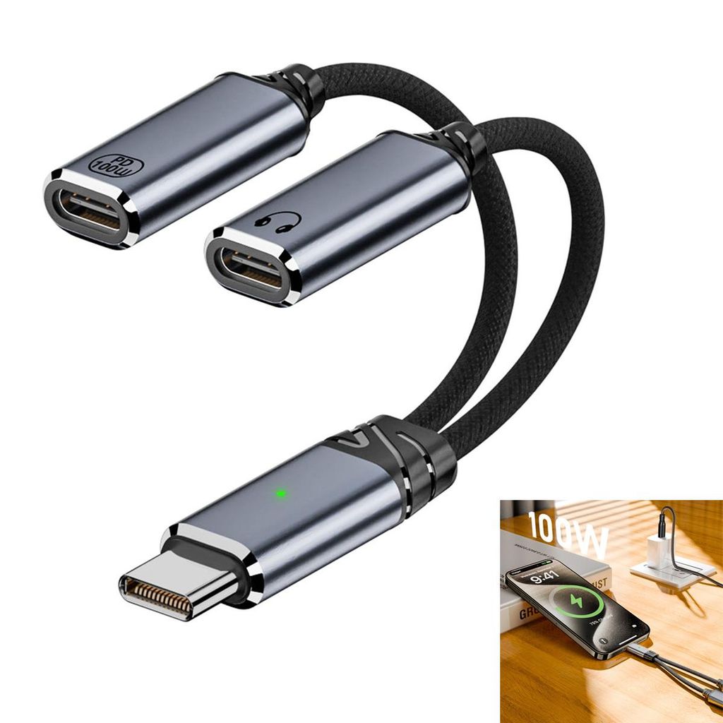 Usb-c-kopfhörer-ladeadapter, 2-in-1-schnellladegerät (100 W) Und Audio-y-adapter, Geeignet Für Smartphones Mit Usb-c-anschluss – Grau