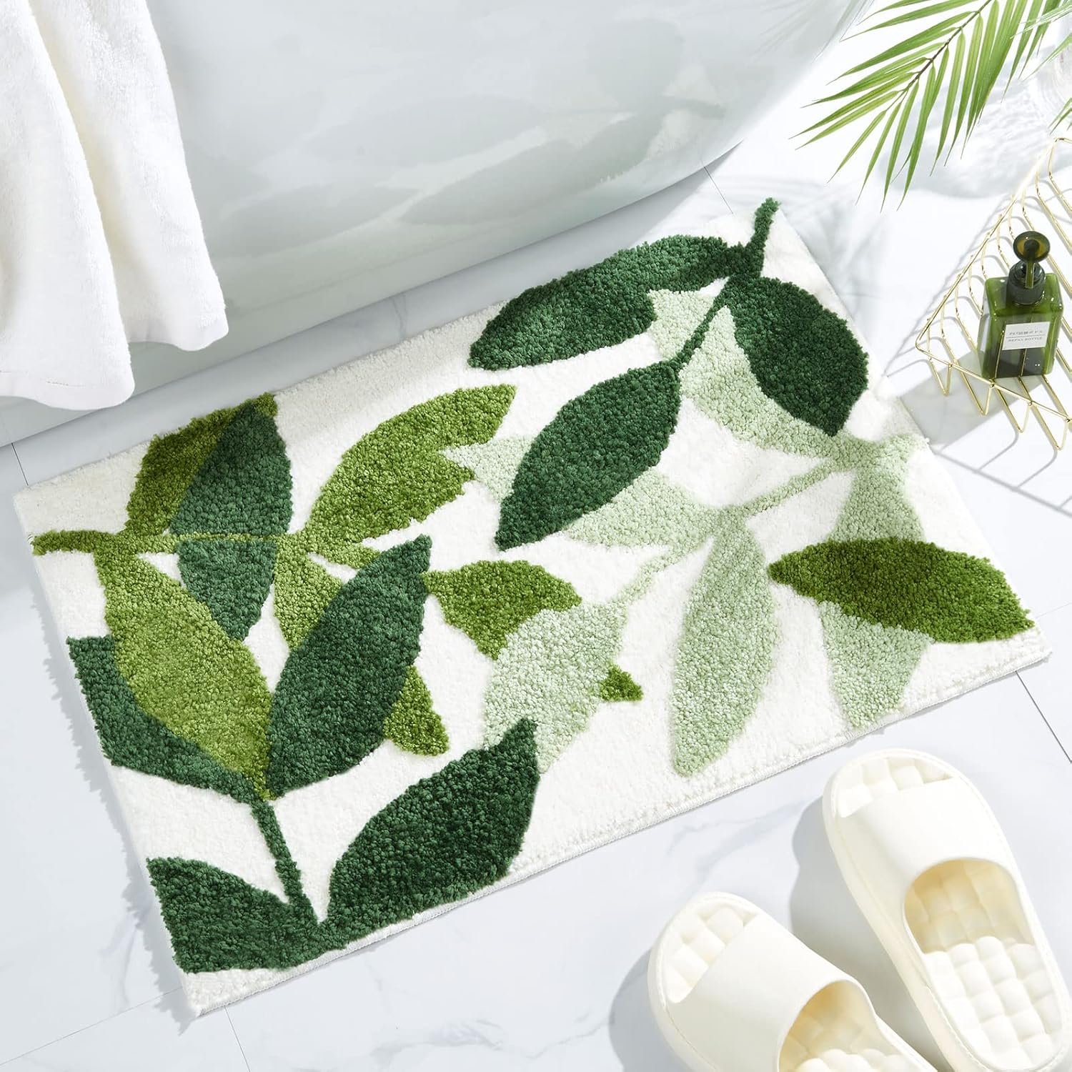 Grüne Badematte – Rutschfest – Saugfähige, Flauschige Mikrofaser-badematte – Maschinenwaschbar – Duschmatte Mit Niedlichem Blattmotiv – 50 X 80 Cm