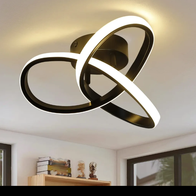 Schwarze Deckenleuchte Fürs Schlafzimmer, Dreifarbiges Licht (warmweiß), Modernes Geometrisches Design, 25,5 Cm