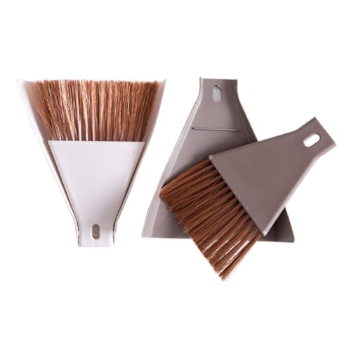 Set Bestehend Aus Mini-besen Und Kehrschaufel Aus Kunststoff, Tragbares Reinigungsset Mit Aufhängehaken Für Schreibtisch, Tastatur, Haustiernest Und Enge Zwischenräume, Kaffee Und Beige.