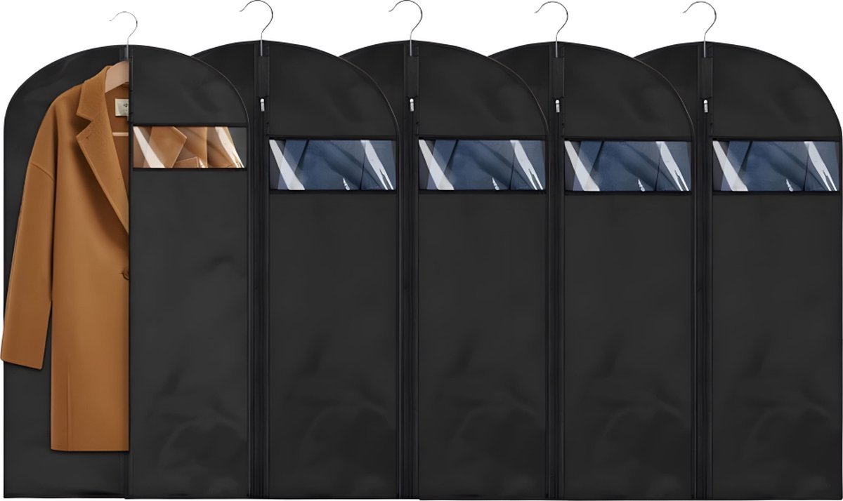 Kleidersäcke, 5 Schwarze Kleidersäcke Mit Reißverschluss (60 X 150 Cm), Wasserdicht, Staubdicht Mit Transparentem Fenster Für Jacken Und Anzüge
