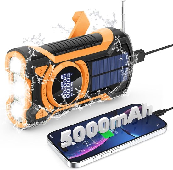 Notfall-wetterwarnradio, 5000 Mah Solar-handkurbel, Ip65 Wasserdicht, Bluetooth 5.3, Am/fm/noaa-empfänger, Orange