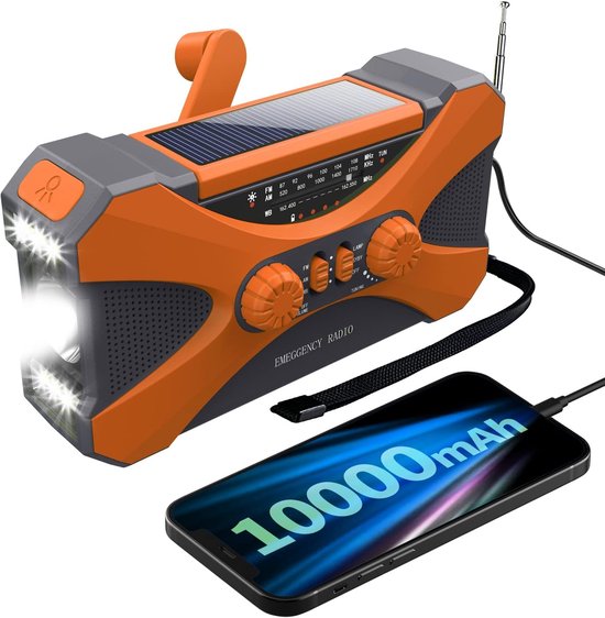 Notfall-solarradio Mit Wetterfunktion, 10000 Mah, Handkurbel, Am/fm/wb/noaa-empfang, Powerbank, Taschenlampe Und Sos-funktion, Orange