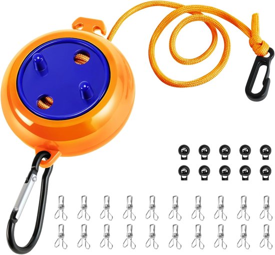 Wandmontierte, Einziehbare Wäscheleine / Wäscheständer, 10 Meter Lang, Mit 10 Klemmen Und 20 Wäscheklammern, Orange.
