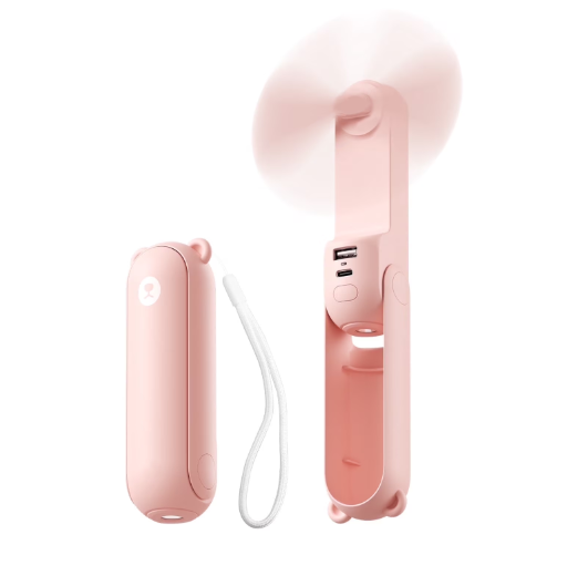 Tragbarer Mini-ventilator, Wiederaufladbarer Handventilator, 19 Stunden Akkulaufzeit, Mit Taschenlampen- Und Powerbank-funktion, 3-in-1 Faltbarer Taschenventilator, Rosa.