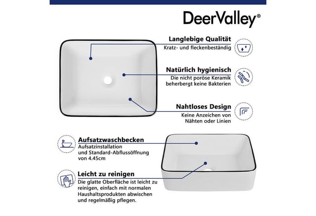 Deervalley - Waschbecken Aufsatzwaschbecken weiß mit schwarzem Rand, rechteckige Keramik-Arbeitsplatte, 47,5 x 37,5 x 13 cm, DV-1V0002