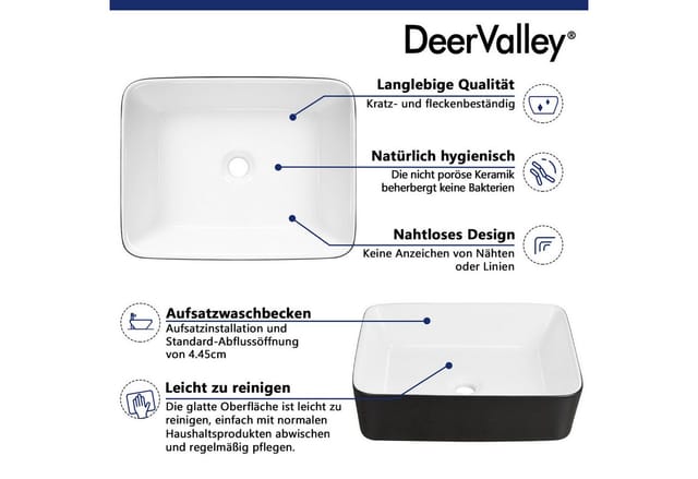 Aufsatzwaschbecken DeerValley Schwarz aus Keramik, Rechteckiges Waschbecken für das Badezimmer – Weiß, Schwarz – 47,5 x 37,5 x 13 cm, DV-1V0001