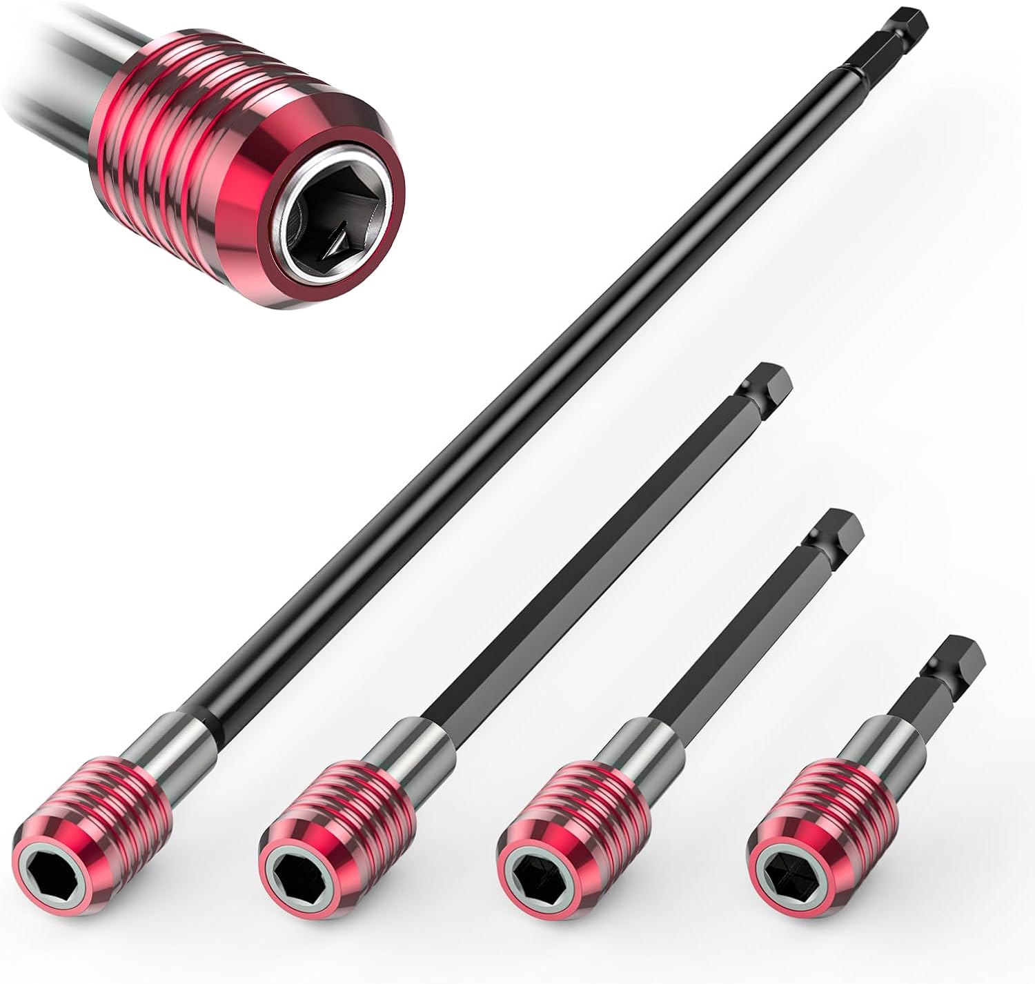 Dieses 4-teilige Bohrerverlängerungsset Enthält Magnetische Bohrer Mit 1/4-zoll-sechskantschaft In Längen Von 2 Zoll, 4 Zoll, 6 Zoll Und 12 Zoll.